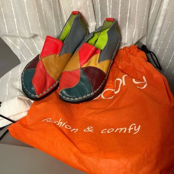 Socofy Handmade Soft Leather Colorful Patchwork flats with bag - Picture 5 of 8